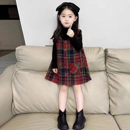 Girls&#039; woolen cloth vest skirt autumn and winter children&#039;s spring skirt baby vest dress spring and autumn plaid princess skirt