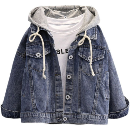 P boys denim jacket autumn spring and autumn 2024 new foreign style autumn fried street top medium and old children's hooded clothes tide