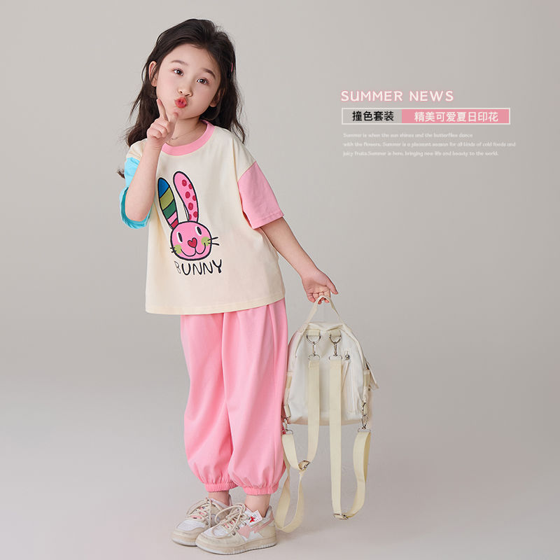 P Ohm Bear Girl Color Contrast Set 2024 Summer New Girl Thin Casual Sports Two Piece Set with Western Style