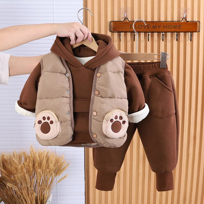 P boys autumn and winter velvet thickened three-piece set new foreign style baby children's winter clothes cotton coat vest set tide