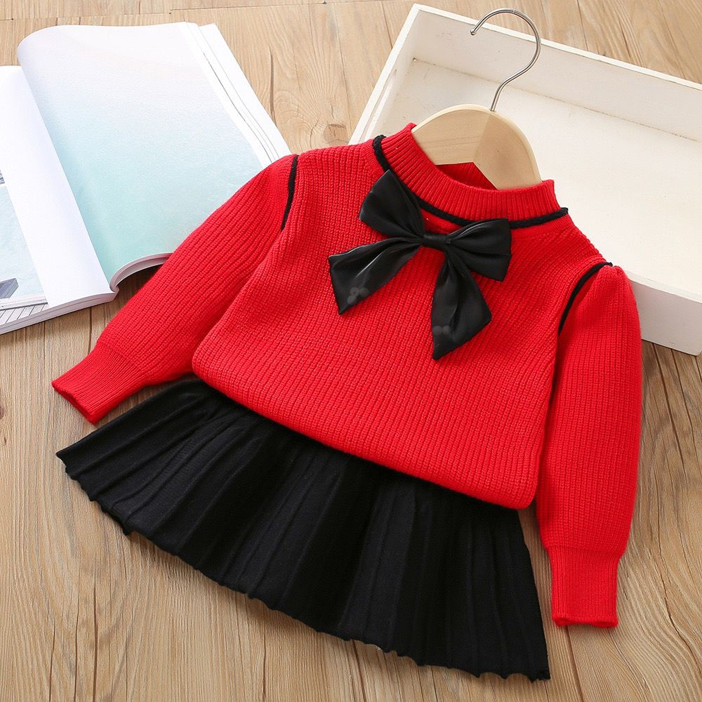 Girls' Sweater Set Autumn/Winter New Little Girl Bow Knitted Top Western Short Skirt Two piece Set