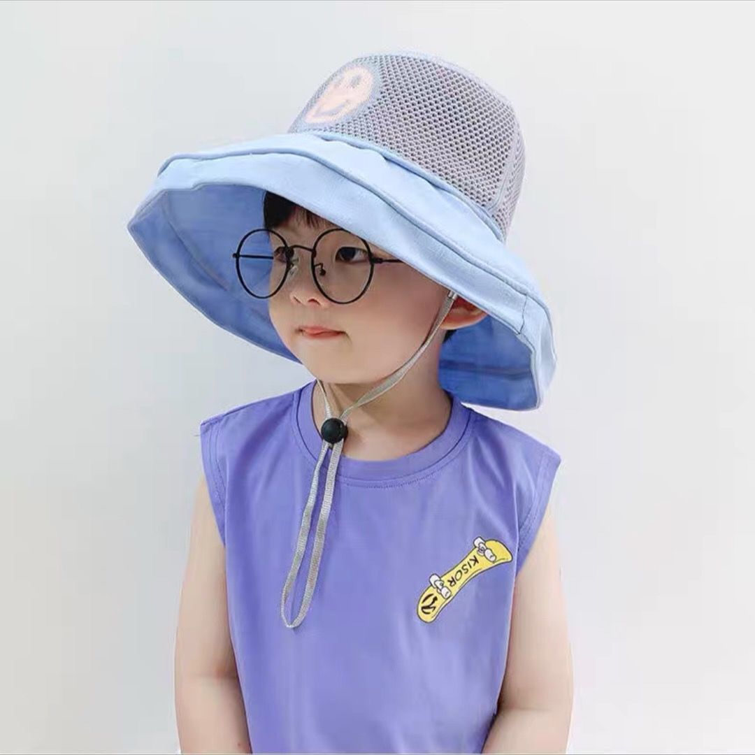 P children's sunscreen hat, summer boys' hat, large brim, summer sunshade hat, mesh fisherman's hat, wide brim, trendy and cool thin style