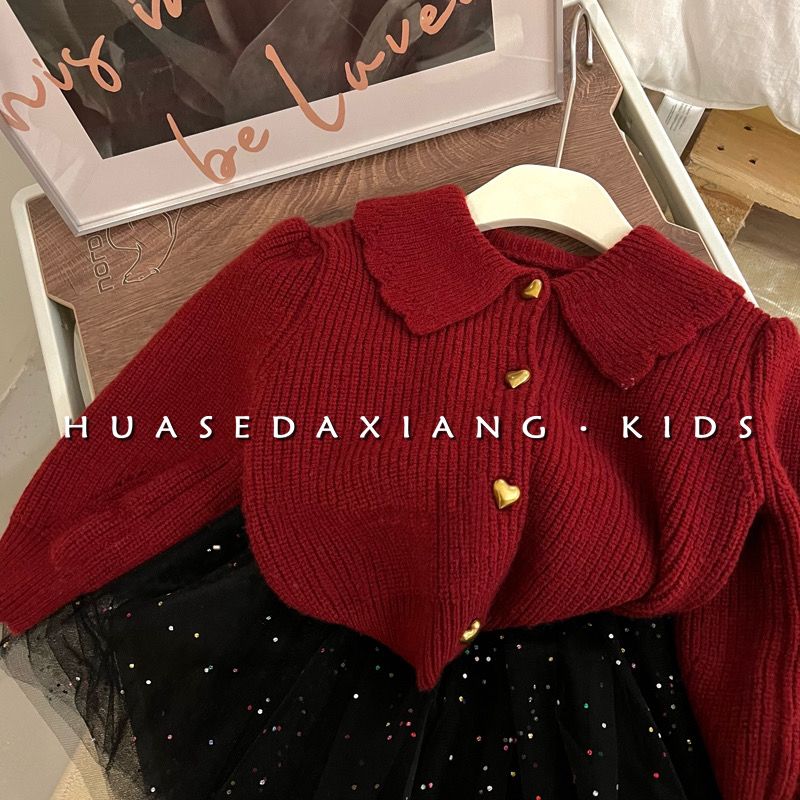 Korea children&#039;s wear girls autumn retro Joker knit cardigan children&#039;s western style lapel long sleeve solid color sweater.