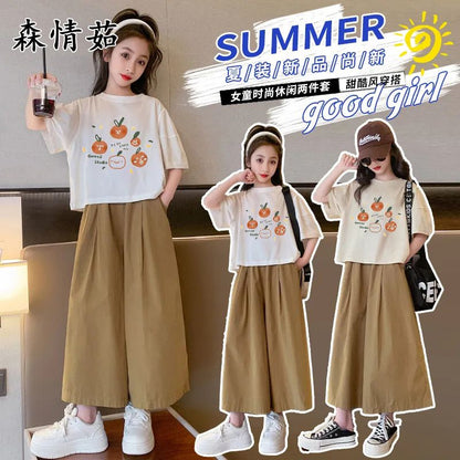 P Girls' suit, summer clothes, 2024 new foreign style girls, short-sleeved middle-sized children's wide-leg pants, cropped pants, two-piece children's clothes