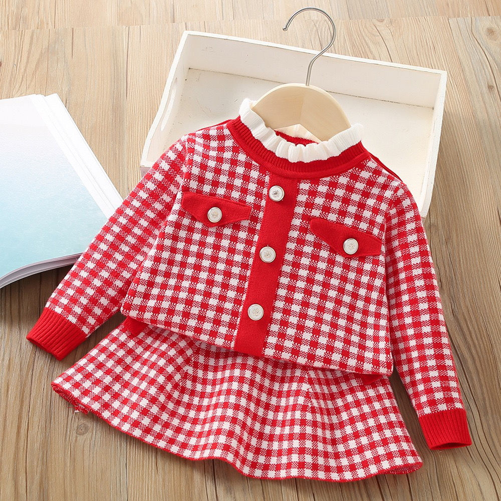 Girl's sweater set autumn and winter new Korean style western-style baby girl plaid small fragrant style knitted two-piece dress