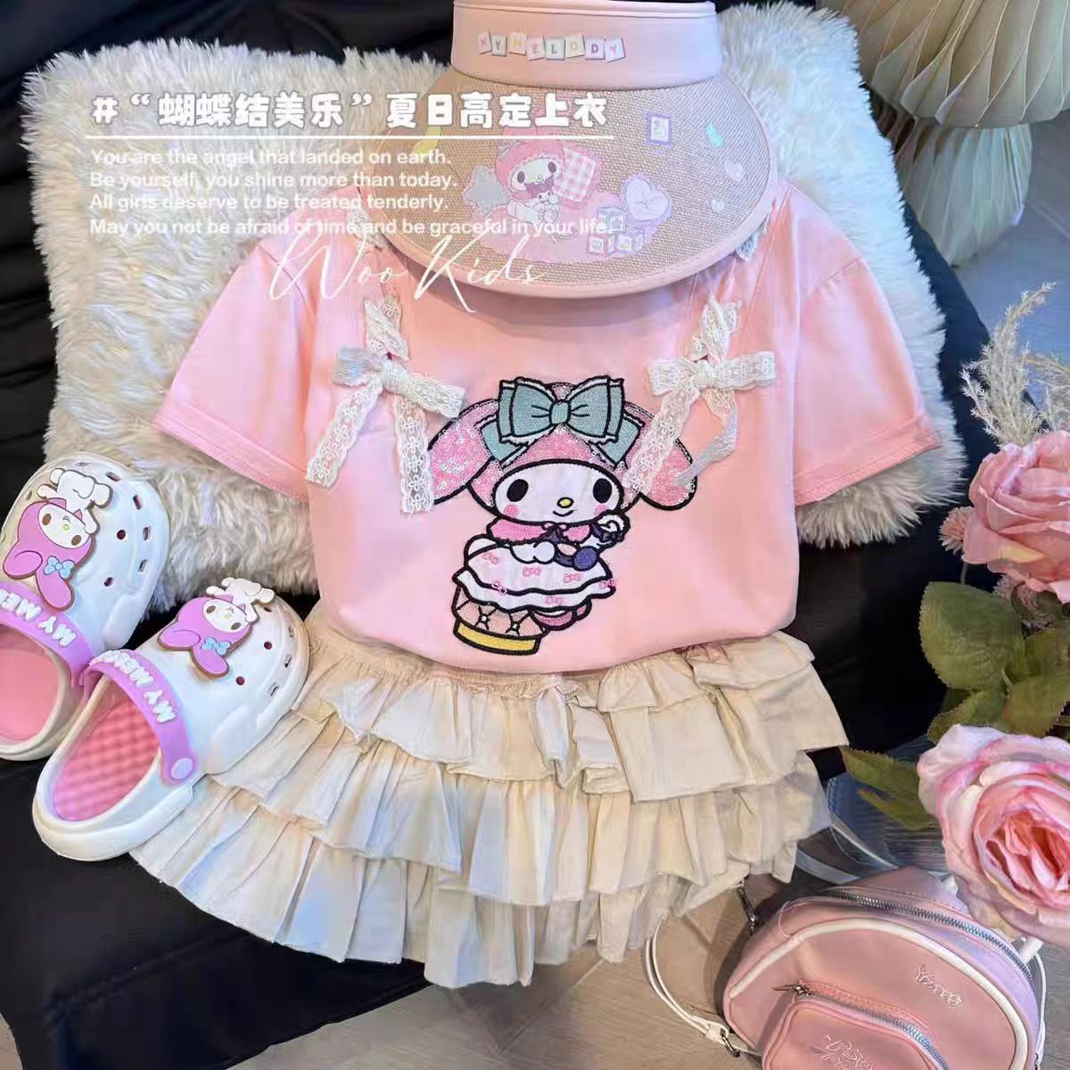 Traje de algodón Melody para niñas P 2024 Nueva ropa de verano Atmósfera extranjera Linda camiseta de manga corta Falda corta Ropa para niños 