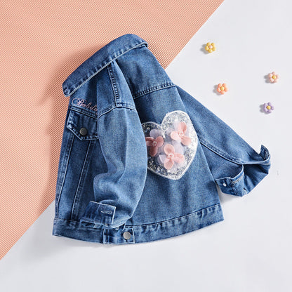 P loose spring and autumn girls soft denim jacket denim clothing versatile foreign style children denim jacket popular Internet celebrity big children