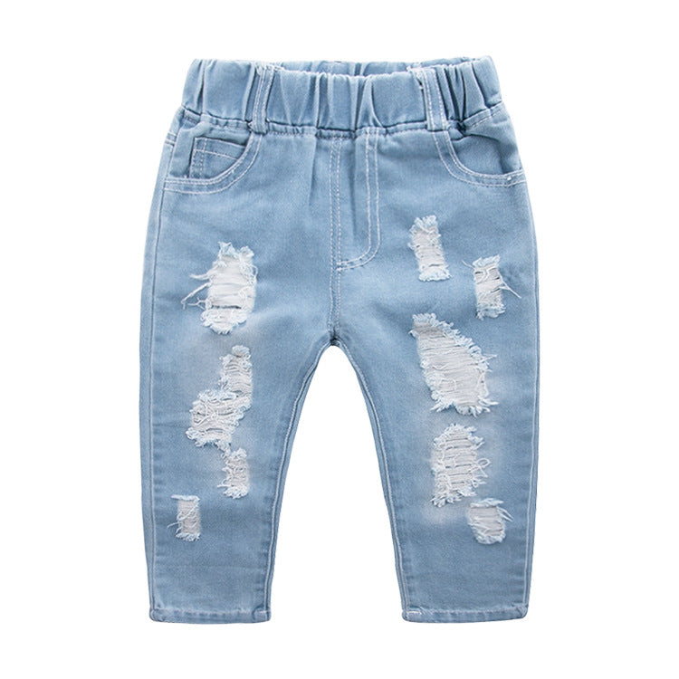 Autumn New Children's Clothing Fashion Pants for Boys and Girls Baby Light Color Perforated Denim Pants for Small and Medium Children 0.19kg