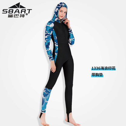 A Shark Bart Full body Diving Suit Women's One piece Long sleeved Long Pants Sunscreen Swimming Suit Quick drying Jellyfish Suit Diving Surfing Suit Women