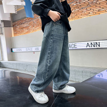 P Medium Large Children's Jeans Children's Boys Pants Older Children's Men's Trendy Foreign Jeans Girls' Wide Leg Pants