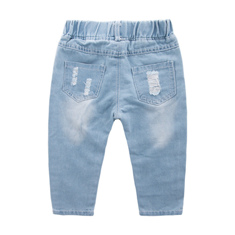 Autumn New Children's Clothing Fashion Pants for Boys and Girls Baby Light Color Perforated Denim Pants for Small and Medium Children 0.19kg