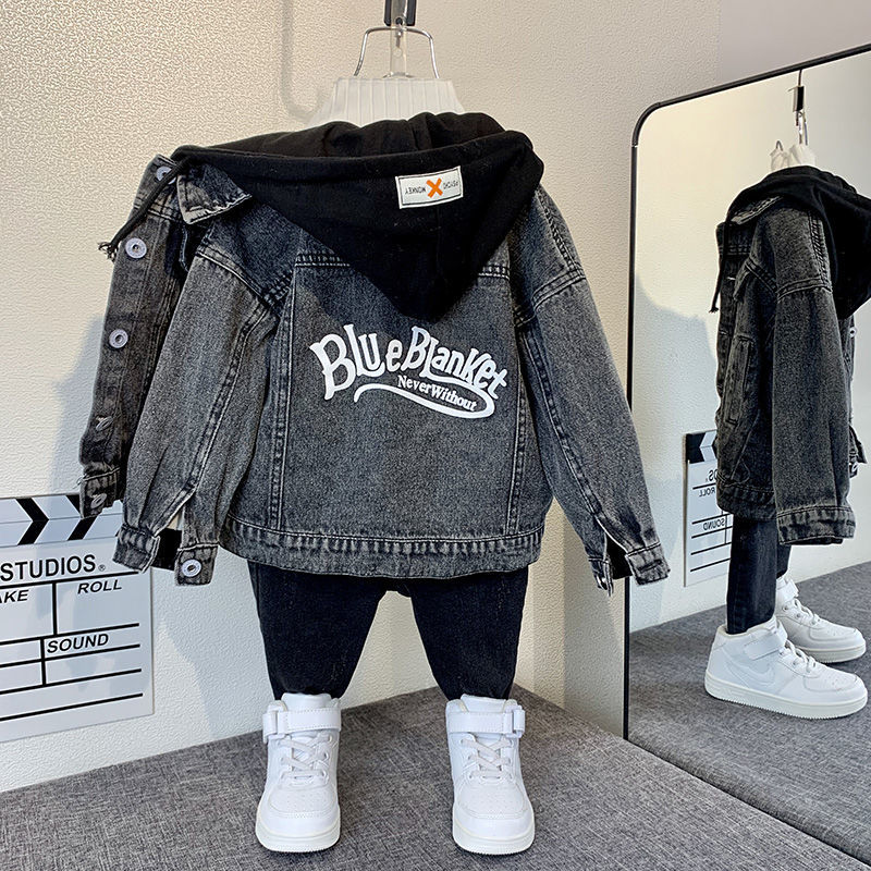 P boys denim jacket spring and autumn fried street top 2024 new foreign style medium and old children's hooded loose boys clothes