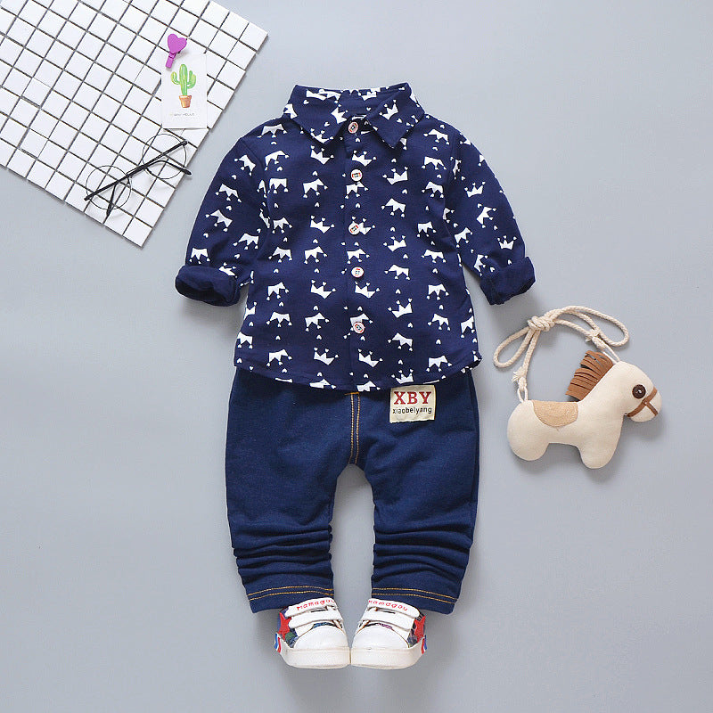 Autumn children's clothing, men's new two-piece set of children's clothing, crown shirt, 0-4-year-old baby clothes, autumn style 0.45kg