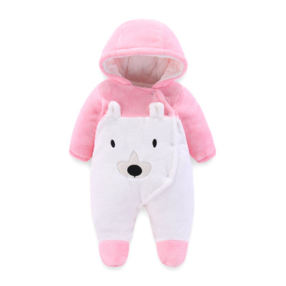 A autumn and winter new flannel bear padded cotton thickened hooded foot-wrapped Romper baby jumpsuit infant jumpsuit