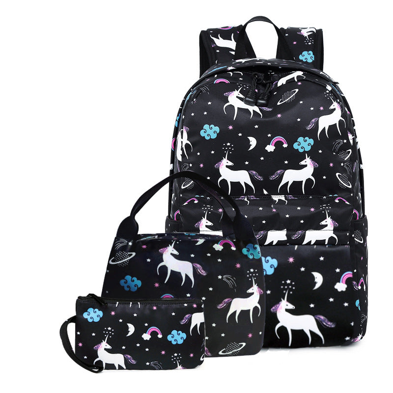 Una nueva mochila escolar de comercio exterior, mochila de dibujos animados para niños, mochila con aislamiento de unicornio, estuche para lápices, juego de tres. 