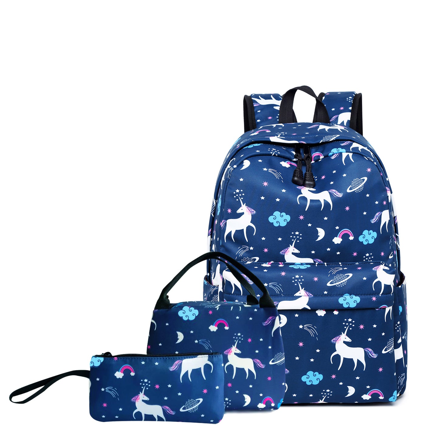 Una nueva mochila escolar de comercio exterior, mochila de dibujos animados para niños, mochila con aislamiento de unicornio, estuche para lápices, juego de tres. 