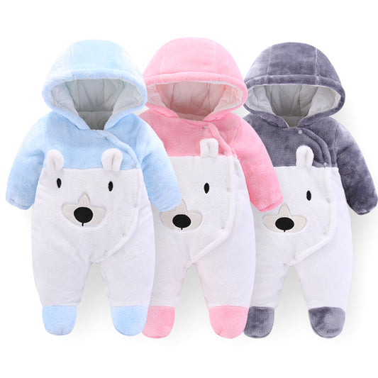 A autumn and winter new flannel bear padded cotton thickened hooded foot-wrapped Romper baby jumpsuit infant jumpsuit