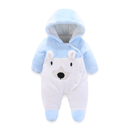 A autumn and winter new flannel bear padded cotton thickened hooded foot-wrapped Romper baby jumpsuit infant jumpsuit