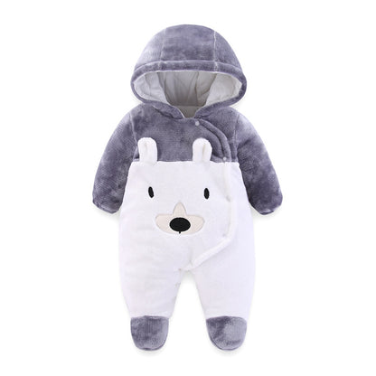 A autumn and winter new flannel bear padded cotton thickened hooded foot-wrapped Romper baby jumpsuit infant jumpsuit