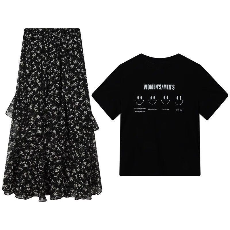 P One-piece/suit design floral cake skirt female fat MM split skirt Joker slim T-shirt two-piece suit summer