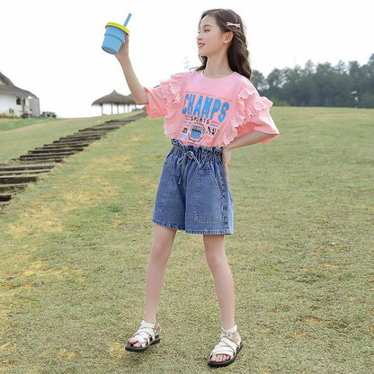 P Girls' summer clothes, new suits, foreign children's clothes, summer Internet celebrities, short-sleeved thin children's sports shorts, two-piece set