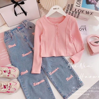 P girl suit spring new Korean version of foreign style girl long sleeve round neck waist top jeans two-piece set