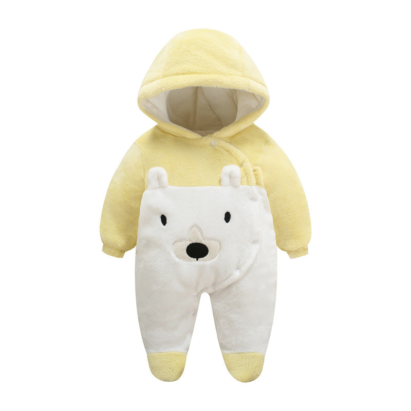 A autumn and winter new flannel bear padded cotton thickened hooded foot-wrapped Romper baby jumpsuit infant jumpsuit