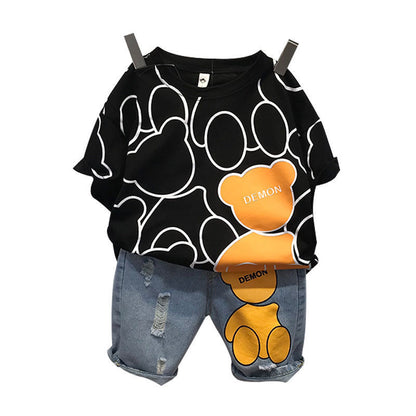 P Boys Summer Set 2024 New Western Style Baby Summer Clothing Boys Korean Edition Handsome Short sleeved Two Piece Set Trendy