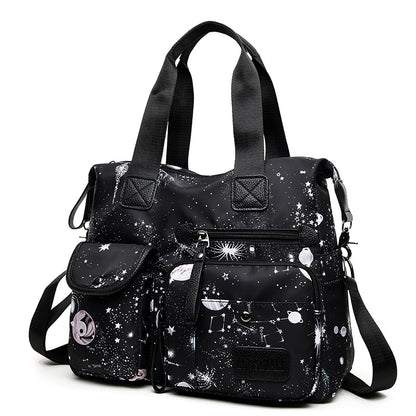 Hand-held shoulder bag for women, large capacity printed starry sky nylon 0.6KG