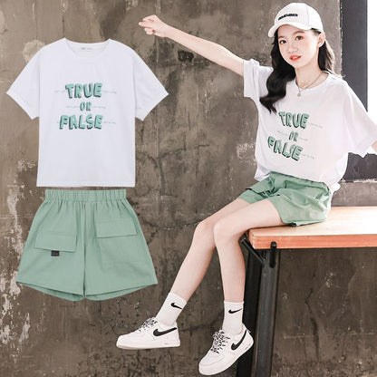 P Girls' summer clothes, new suits, foreign children's clothes, summer Internet celebrities, short-sleeved thin children's sports shorts, two-piece set