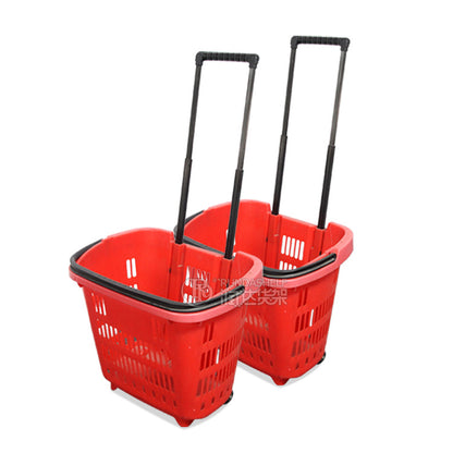 A Plastic hand-pulled basket Double tie rod shopping frame with wheel, shopping mall hand-held quantity hand-held shopping basket, cable-pulled shopping cart