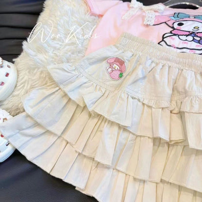 Traje de algodón Melody para niñas P 2024 Nueva ropa de verano Atmósfera extranjera Linda camiseta de manga corta Falda corta Ropa para niños 