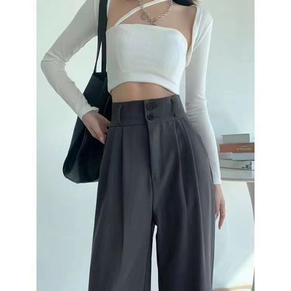 P Pure black wide-leg pants female 2024 new personality, high waist and drooping feeling, casual and loose mopping suit pants, straight pants female