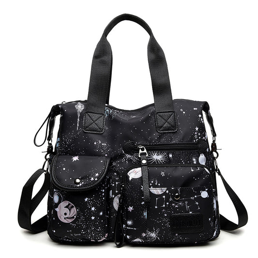 Hand-held shoulder bag for women, large capacity printed starry sky nylon 0.6KG