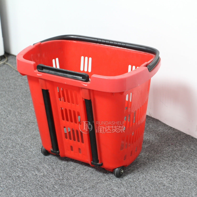 A Plastic hand-pulled basket Double tie rod shopping frame with wheel, shopping mall hand-held quantity hand-held shopping basket, cable-pulled shopping cart