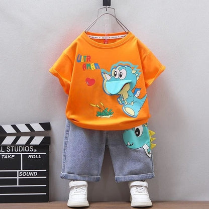 P Boy's Summer Clothes Set 2024 New Foreign Style Children's Thin Short Sleeve Clothes Handsome Boy Bomb Street Summer Children's Clothes