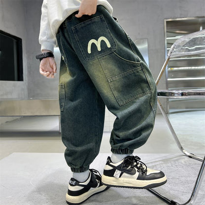 P boys pants medium and older children's spring and autumn models handsome children's autumn jeans 2024 new boys casual trousers tide