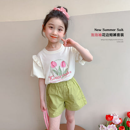 P Ohm Bear Girls' Set Summer 2024 New Female Baby Fashionable Two Piece Set for Children's Short sleeved Shorts