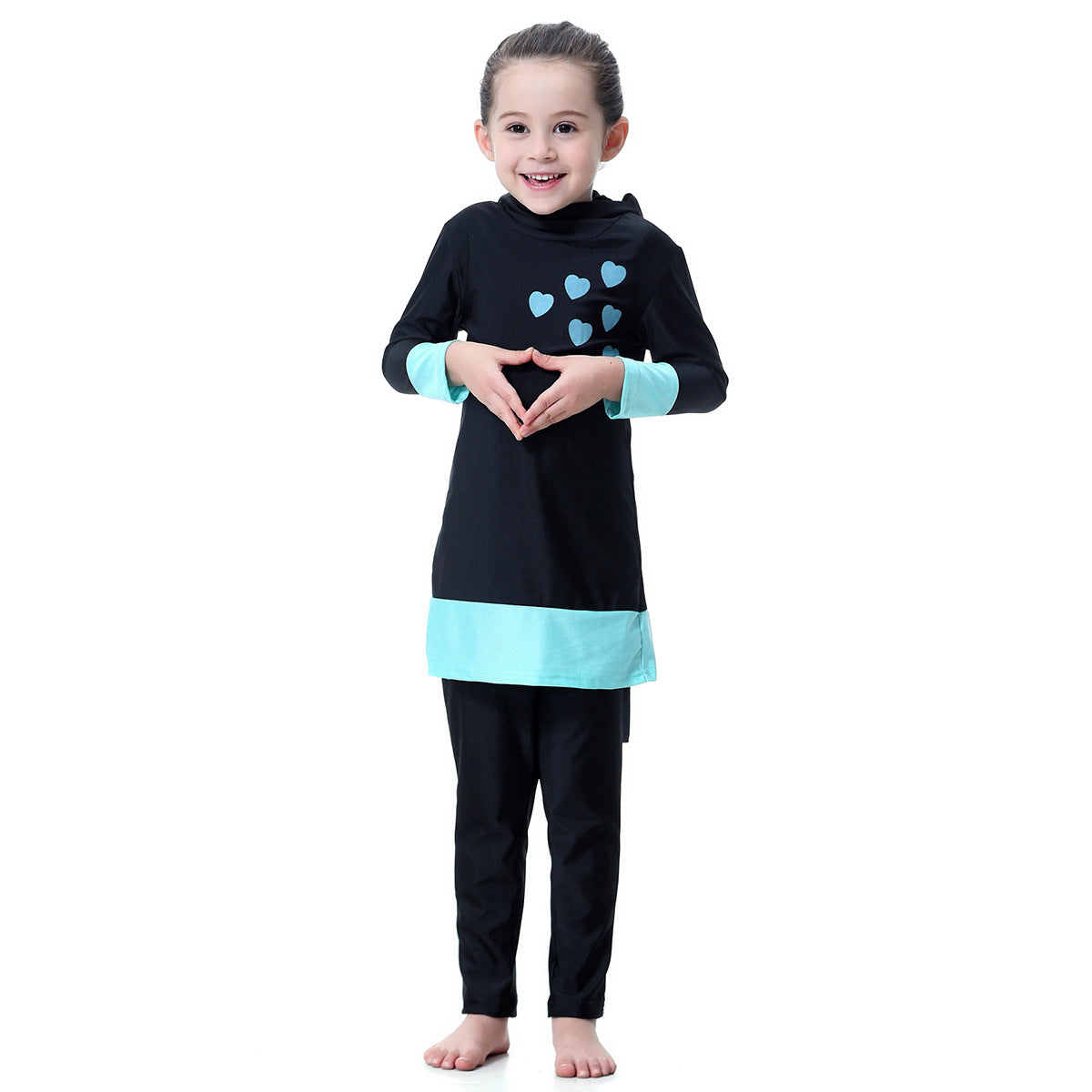 A Factory Spot Girl's Long sleeved Contrast Color Love Hooded Swimsuit Set H2008 0.26KG