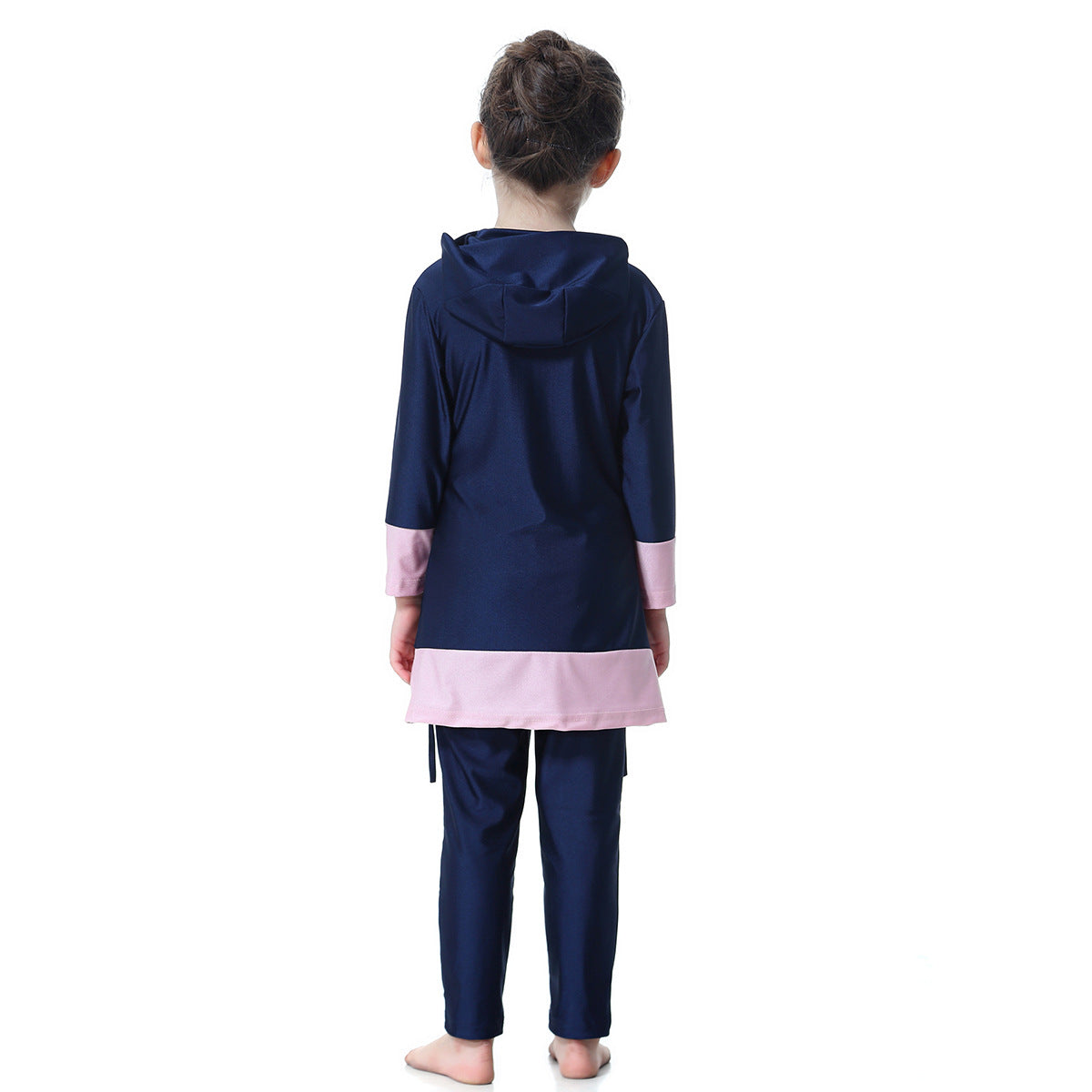 A Factory Spot Girl's Long sleeved Contrast Color Love Hooded Swimsuit Set H2008 0.26KG