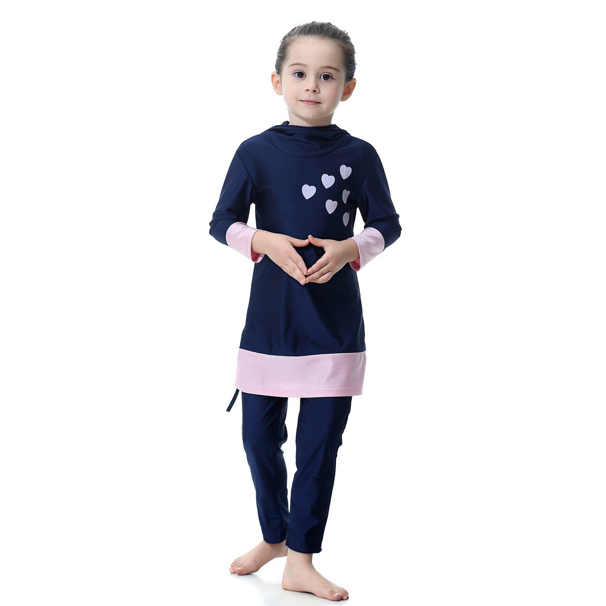 A Factory Spot Girl's Long sleeved Contrast Color Love Hooded Swimsuit Set H2008 0.26KG