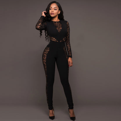 Lace paneled backless high waist jumpsuit(MOQ:3PIECE,If less quantity need charge 1usd extra express fee)