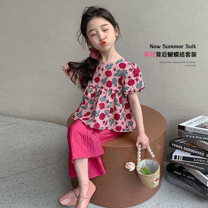 P Ohm Bear Girls' New Chinese Style Summer Set 2024 New Western Style Baby Girl Fashionable Summer Breathable Two Piece Set