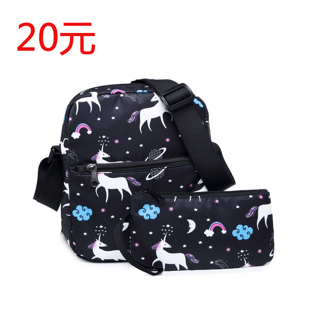 A Amazon high school student backpack, female unicorn children's backpack, customized crossbody bag, pen bag, three piece set, shoulder bag, female