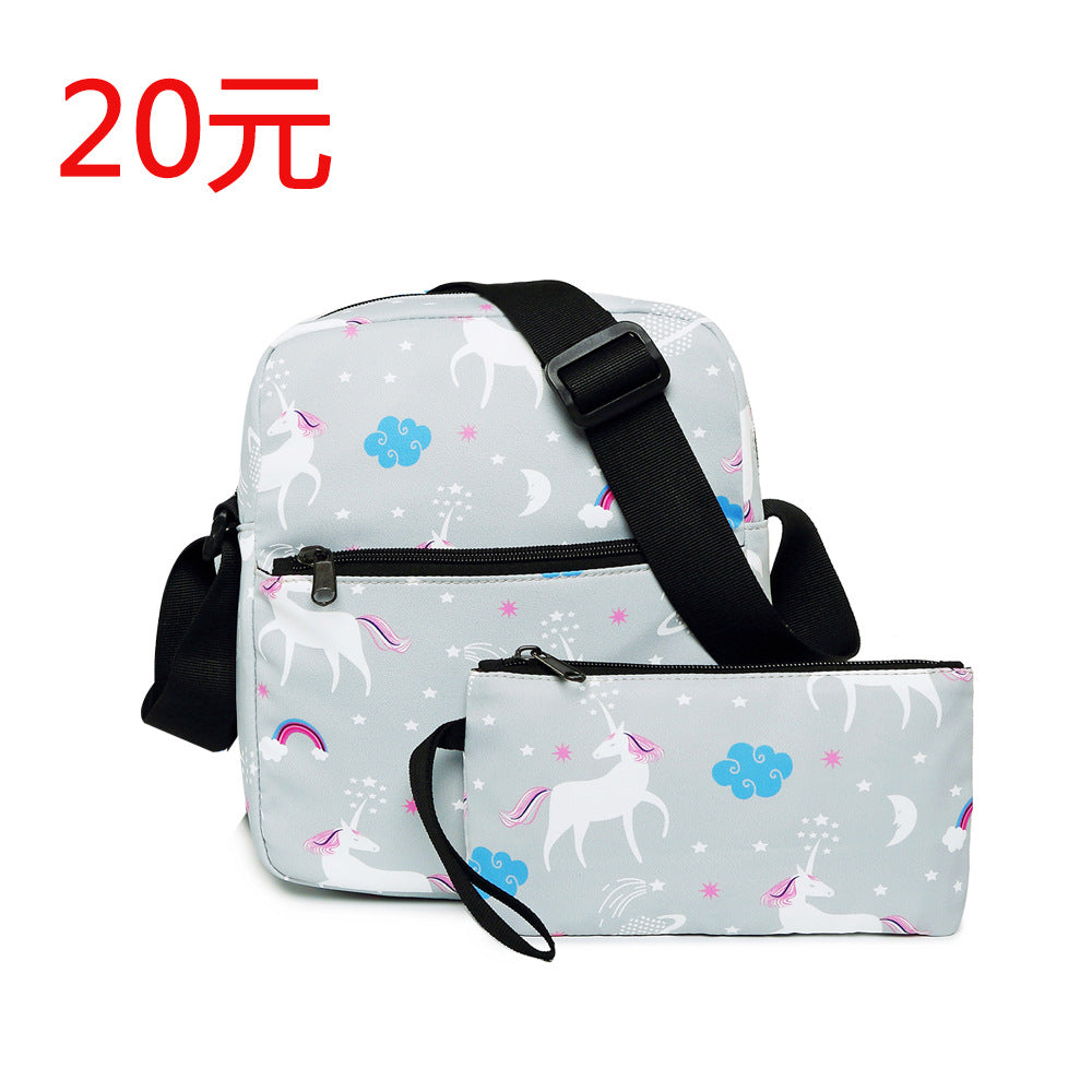 A Amazon high school student backpack, female unicorn children's backpack, customized crossbody bag, pen bag, three piece set, shoulder bag, female