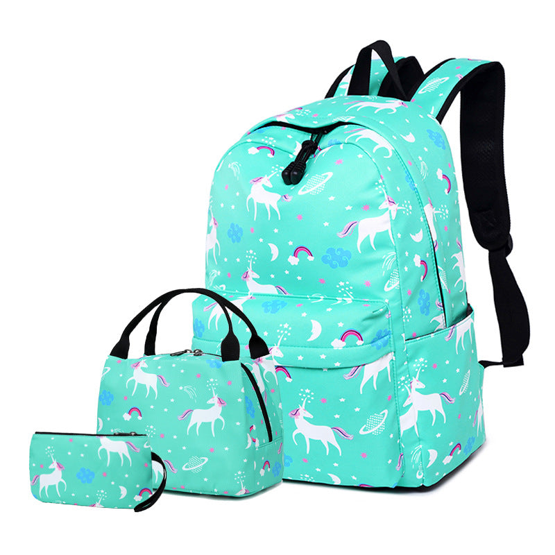 Una nueva mochila escolar de comercio exterior, mochila de dibujos animados para niños, mochila con aislamiento de unicornio, estuche para lápices, juego de tres. 