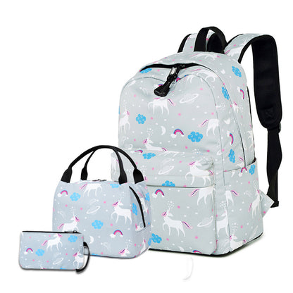 Una nueva mochila escolar de comercio exterior, mochila de dibujos animados para niños, mochila con aislamiento de unicornio, estuche para lápices, juego de tres. 