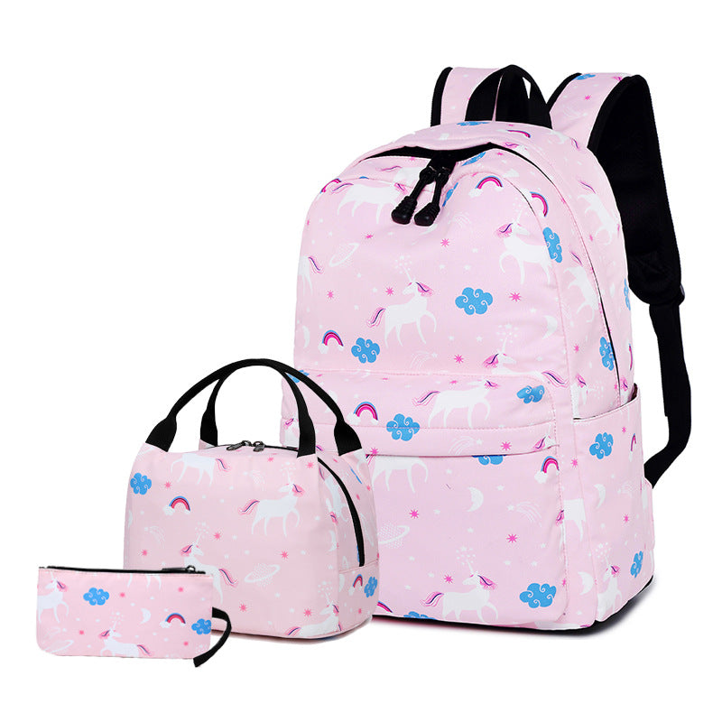 Una nueva mochila escolar de comercio exterior, mochila de dibujos animados para niños, mochila con aislamiento de unicornio, estuche para lápices, juego de tres. 