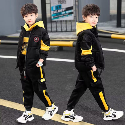 P children's clothing boys' winter clothing set new Korean version thickened and velvet trendy boys' autumn and winter sweater three-piece set