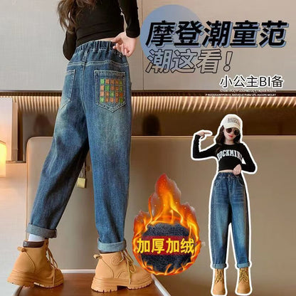 P girls jeans medium and older children's foreign dad pants wide-leg wear loose spring and autumn Korean version children's casual elastic pants